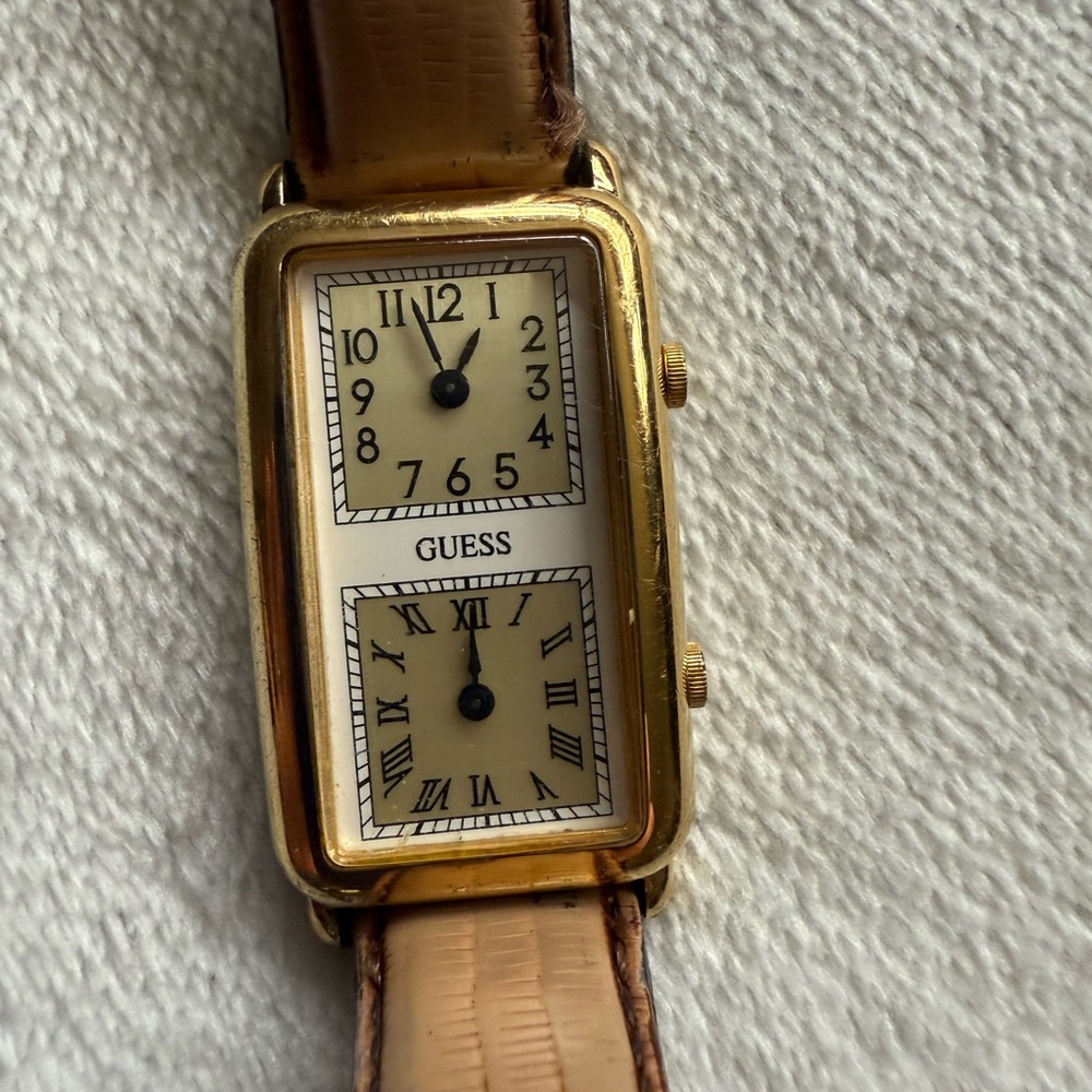 Guess Gold and Tan Rectangular Watch